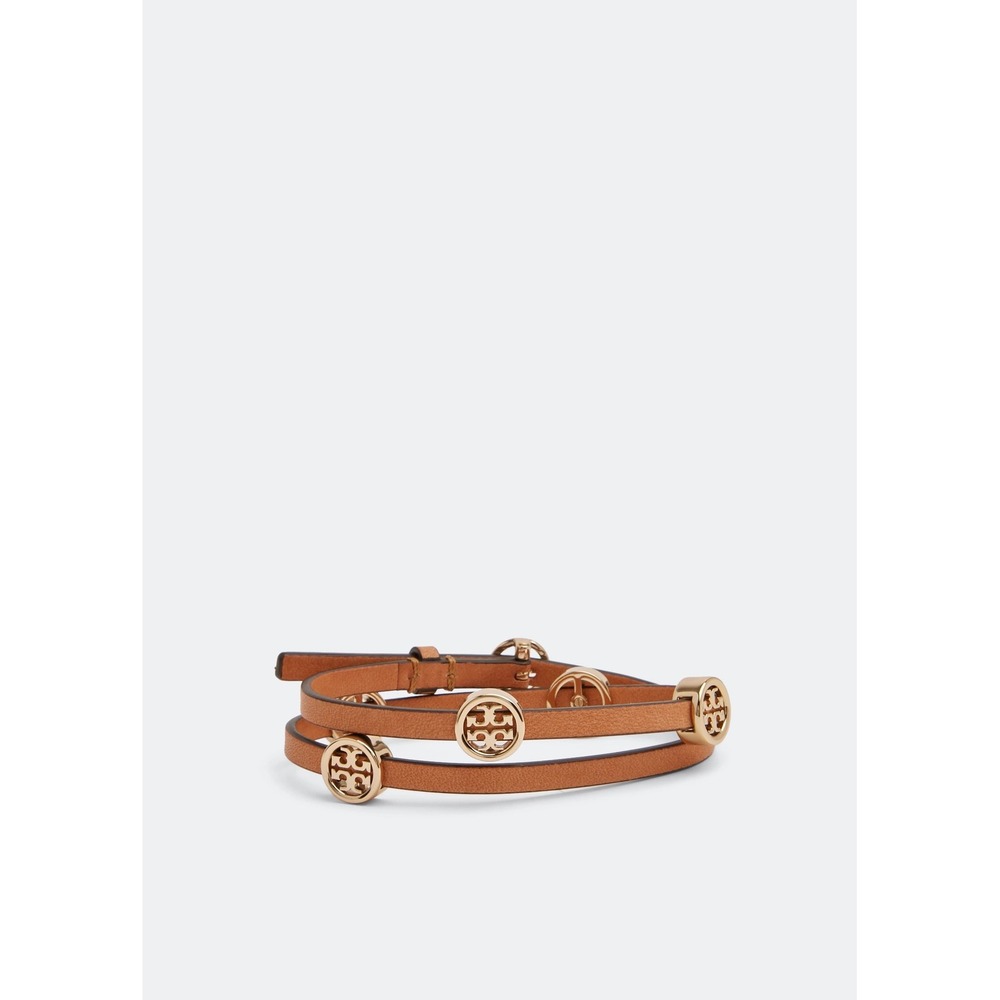 Tory Burch Miller Double Wrap Leather Bracelet Womens OS Tan Gold Logo Charm